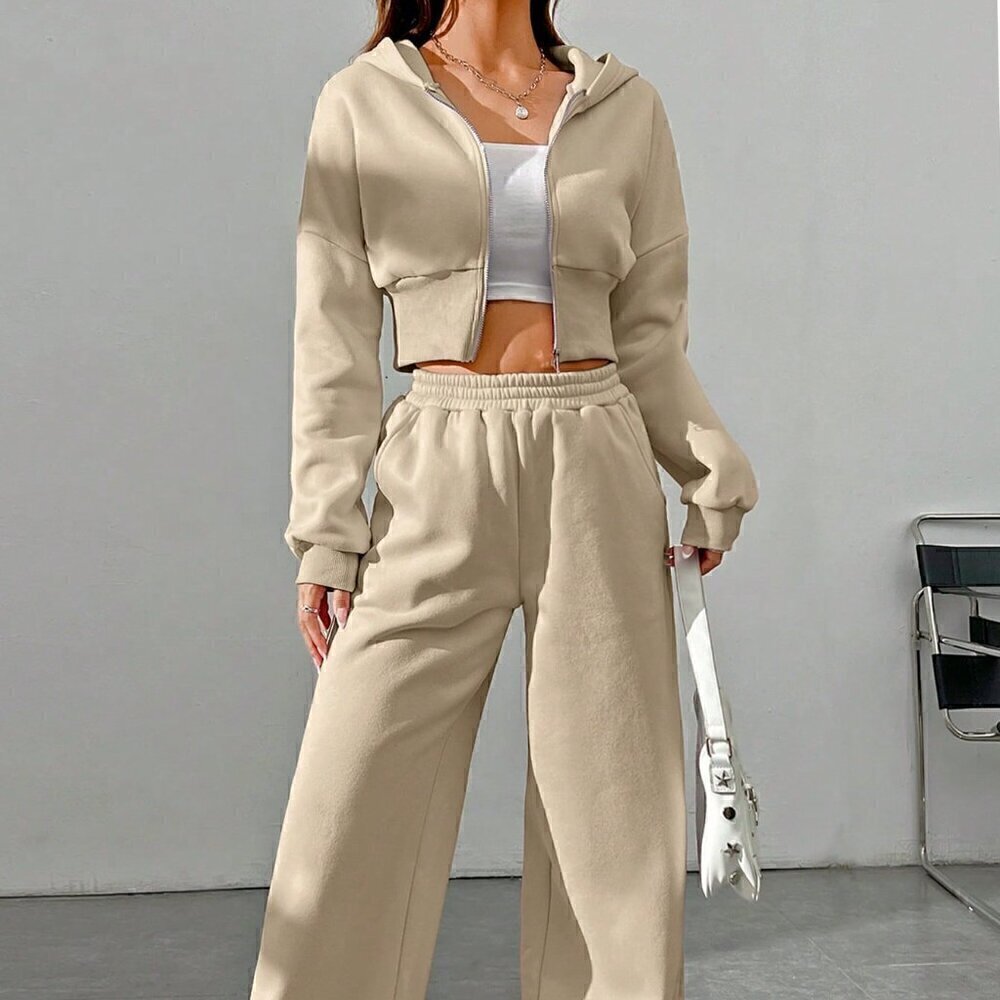 Khaki Casual Women's Zipper Front Hoodie And Pants Set